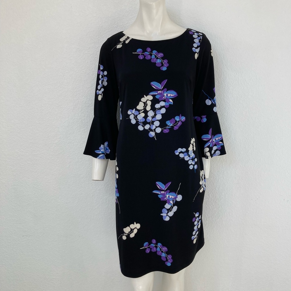 Roz & Ali Flutter 3/4 Sleeve Sheath Dress Size 10 Black Floral Purple Blue